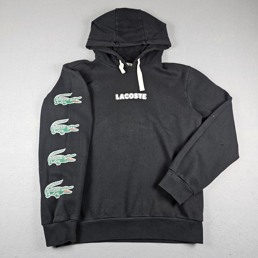 Lacoste Hoodie Mens Small Black Fleece Pullover Sleeve Print Spellout Logo